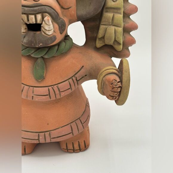 Mexican Autinah Reproduction 10” Mayan Man Incense Pen Holder Pottery MARKED - Picture 3 of 11